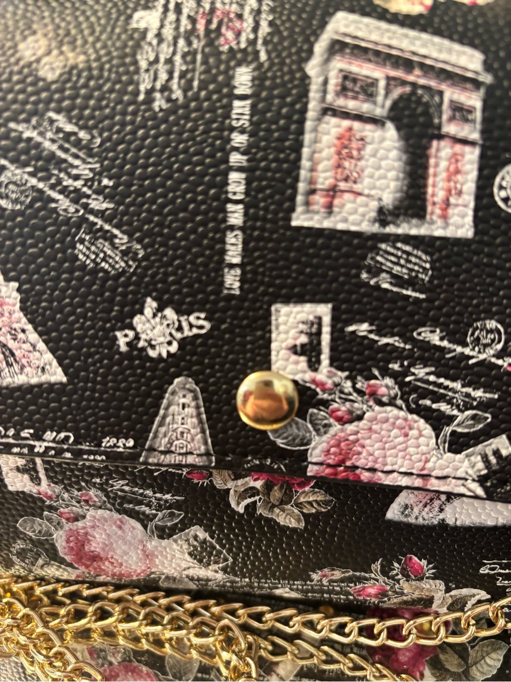 Black Paris Print Top-Handle Crossbody Bag with Gold Hardware - Picture 6 of 12